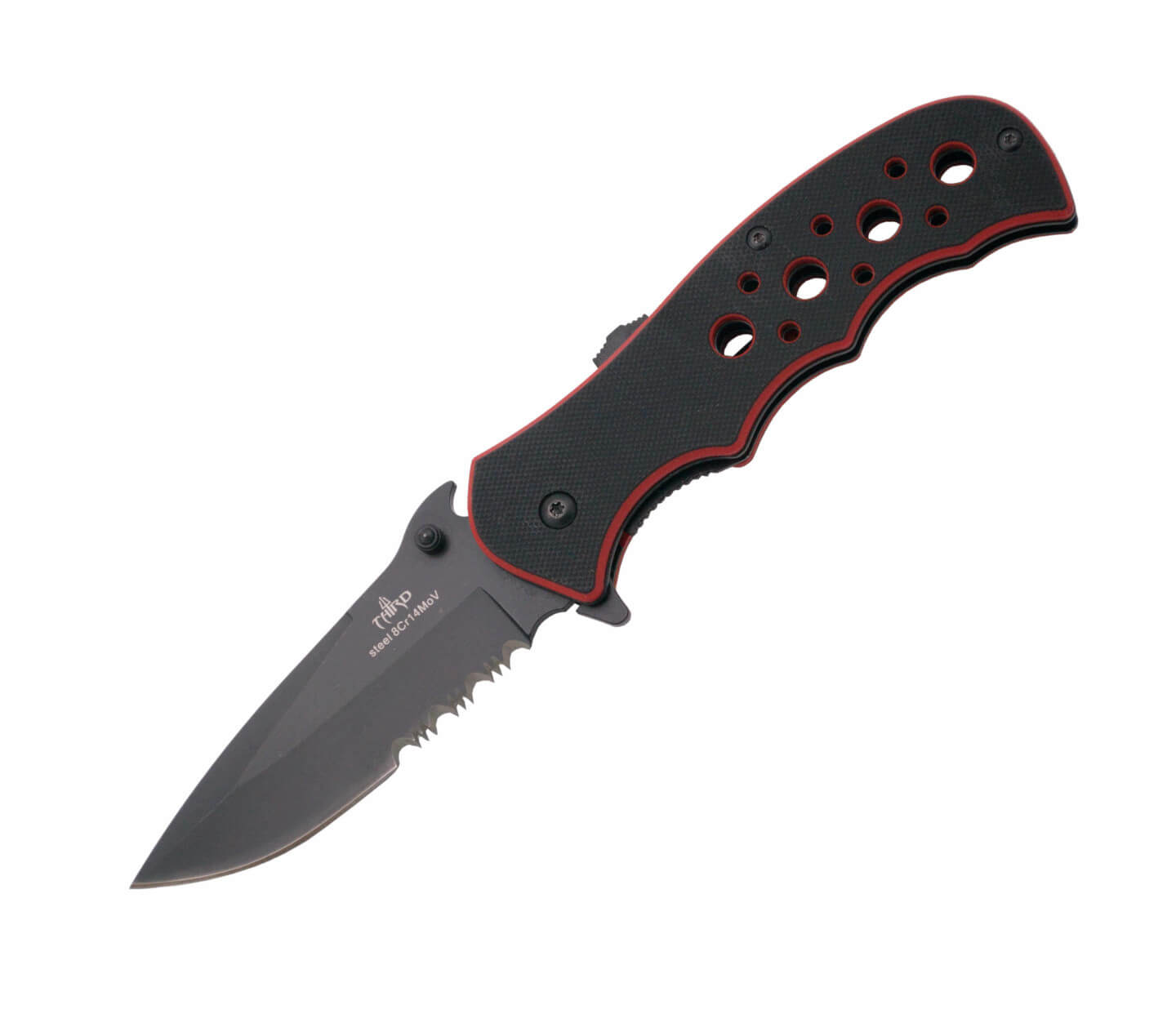 Navaja con apertura asistida y mango de G10 bicolor rojo y negro con sierra