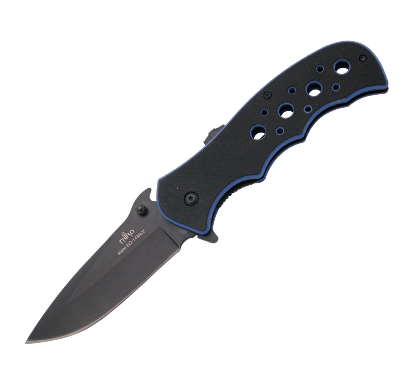 Navaja con apertura asistida y mango de G10 bicolor azul y negro