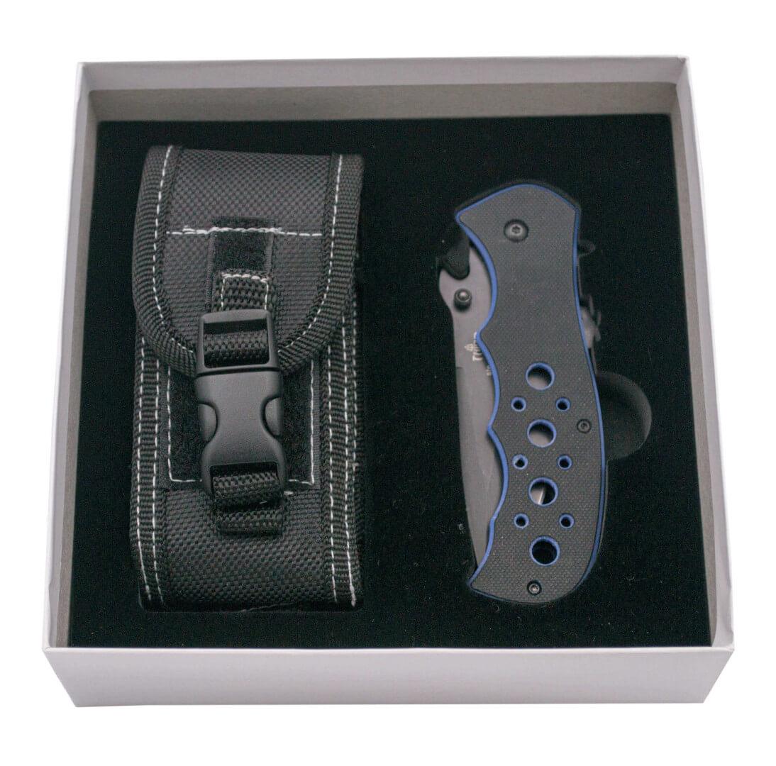 Navaja con apertura asistida y mango de G10 bicolor azul y negro