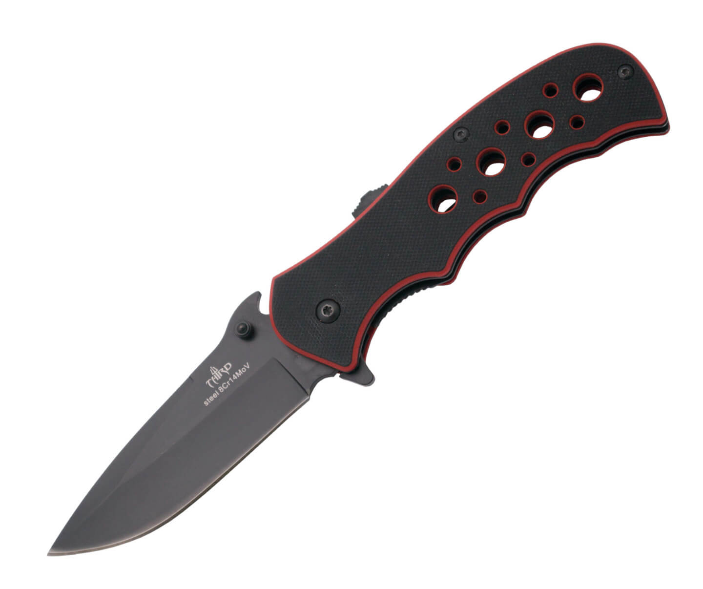 Navaja con apertura asistida y mango de G10 bicolor rojo y negro