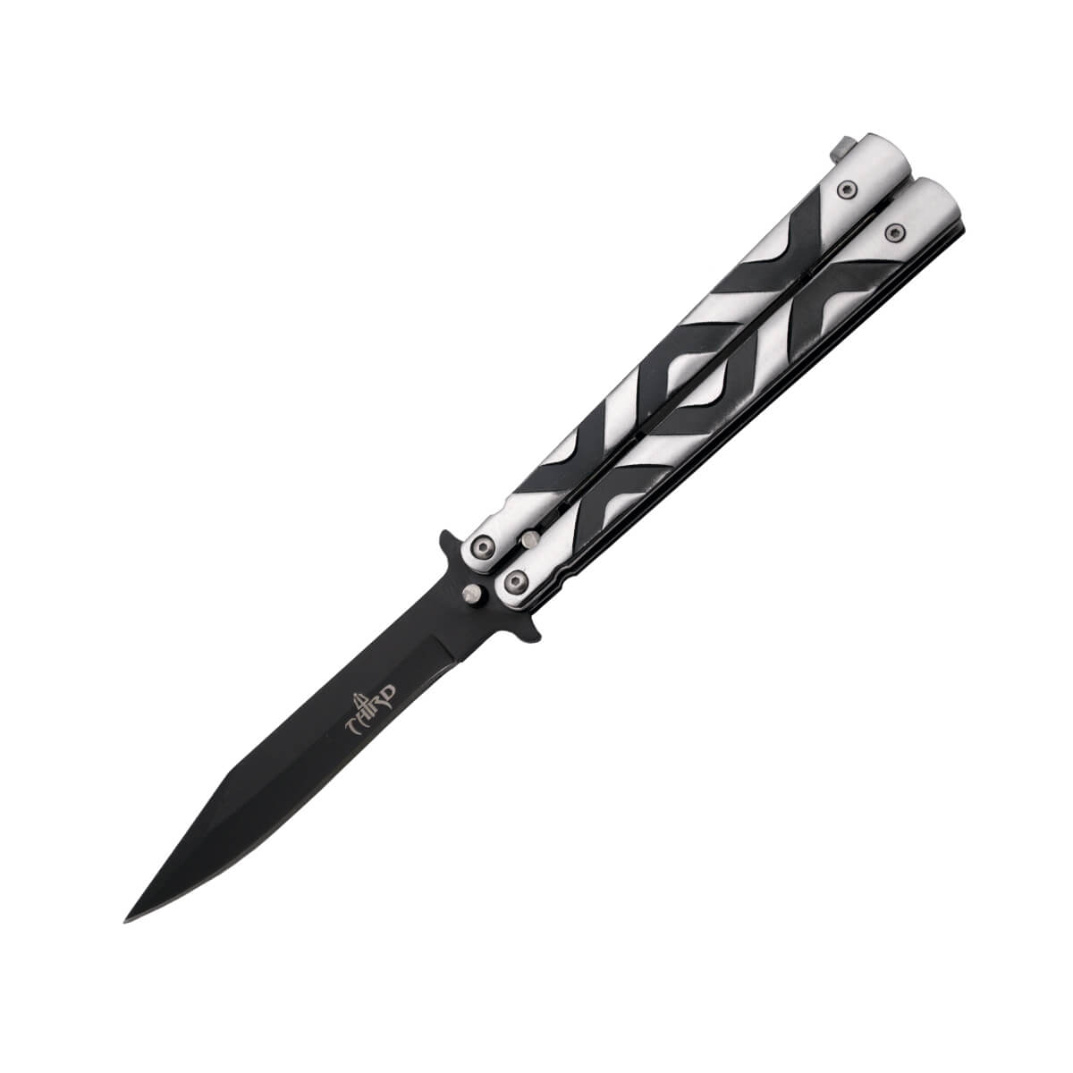 Navaja mariposa con hoja negra de acero inox y mango de aluminio con detalles negros Third