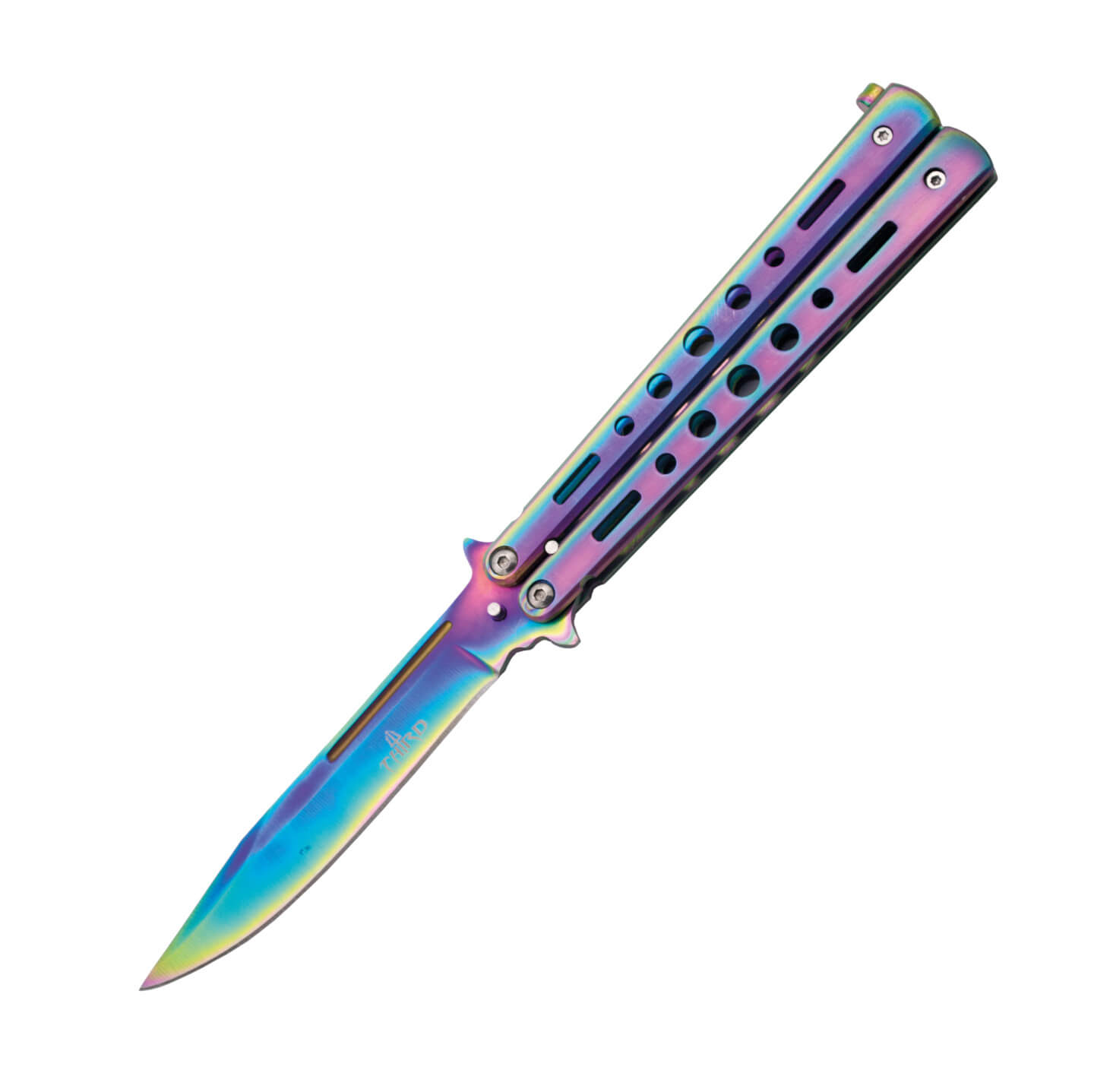 Navaja mariposa rainbow con mango de acero inoxidable con agujero...