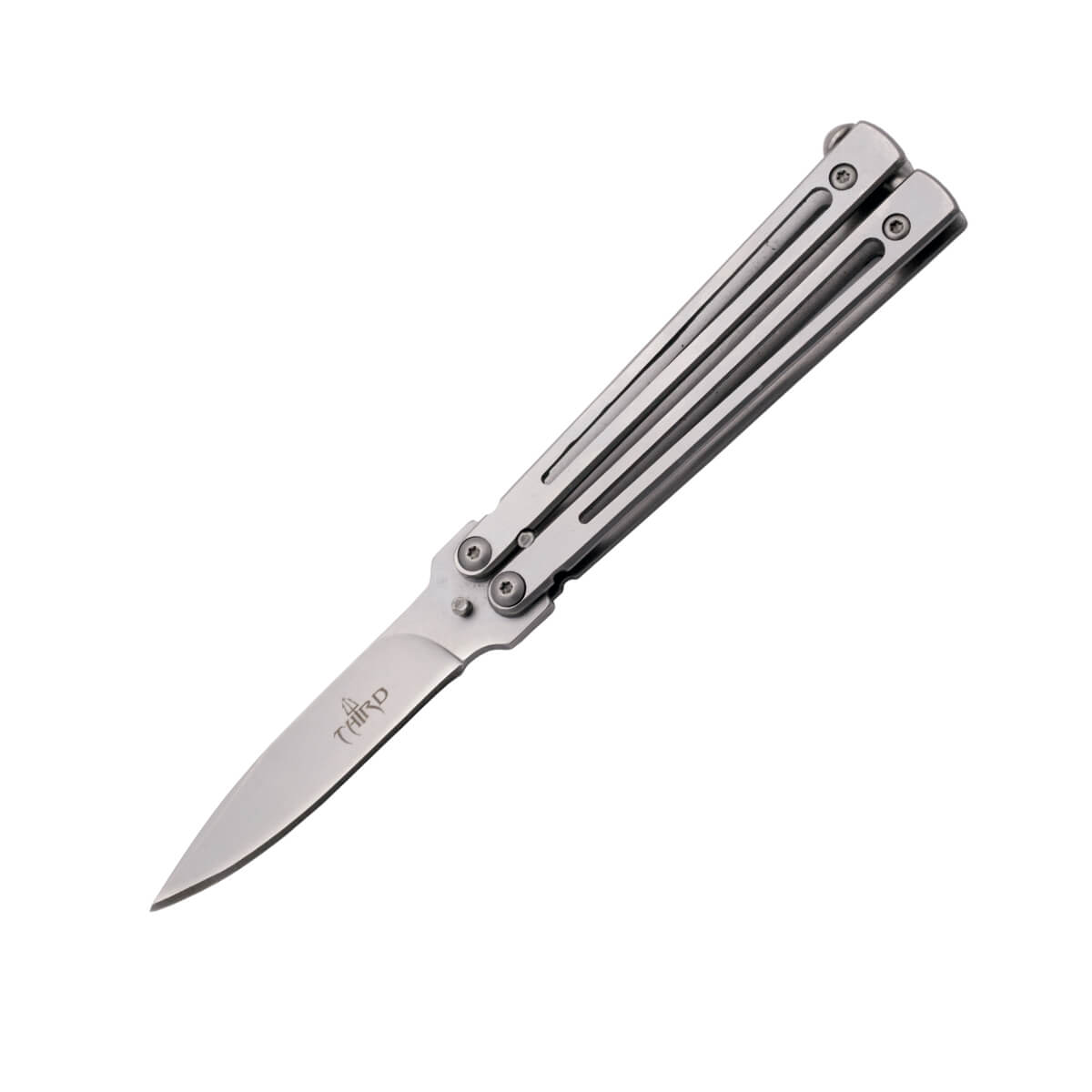 Navaja mariposa con hoja de acero inox de 7.5 cm y mango de acero...