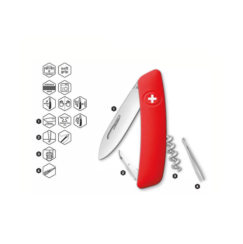 Navaja multiusos Swiza D01 roja con 6 funciones KNI.0010.1000