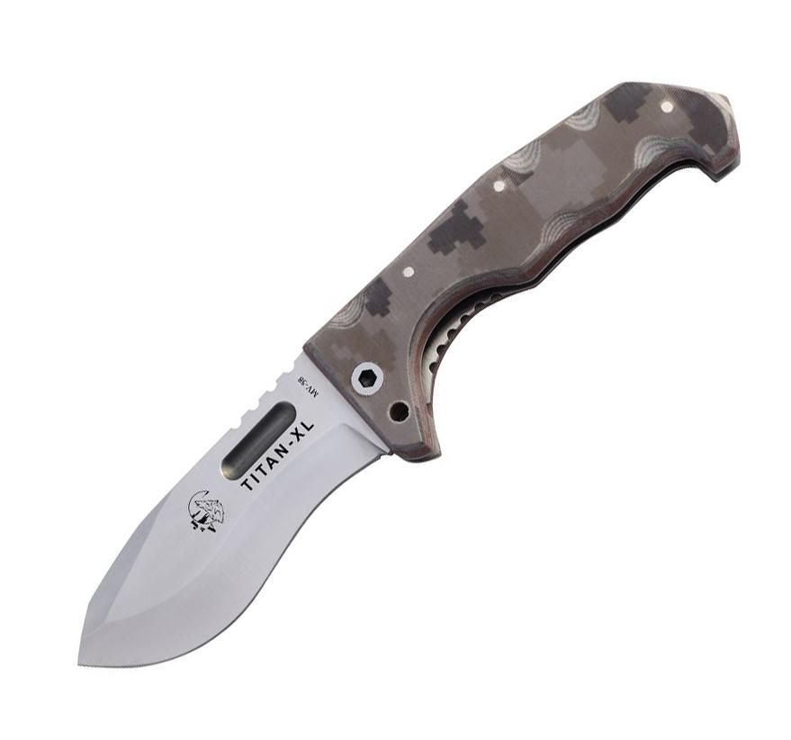 JV Titan XL tactical folding knife with micarta camo pixel handle