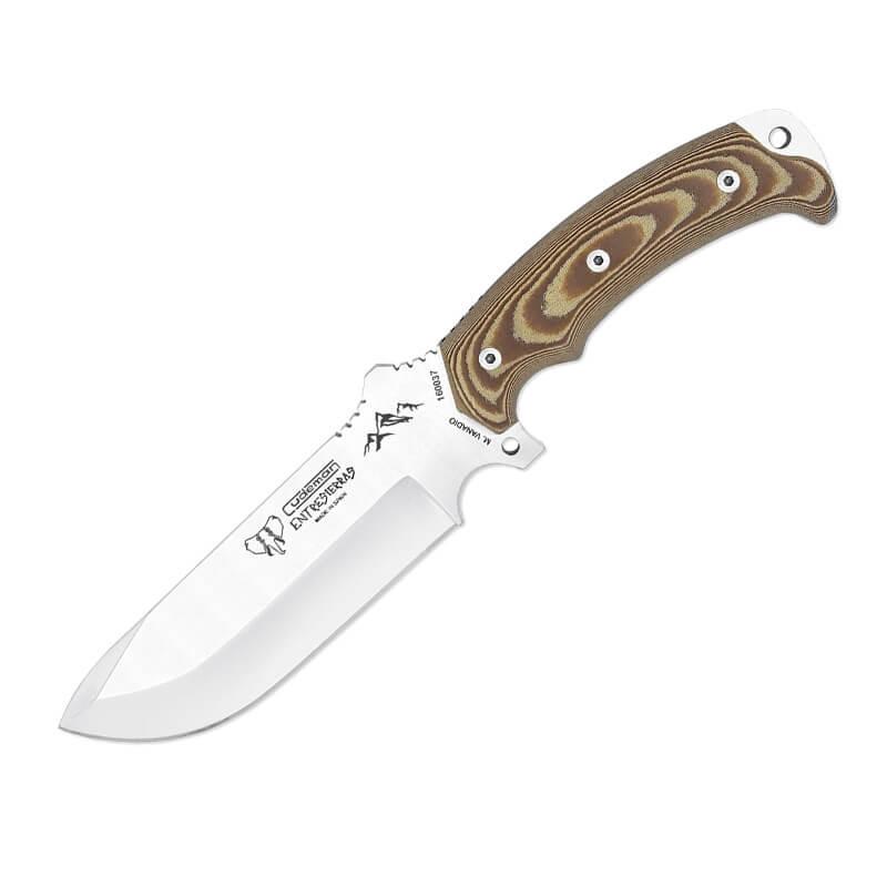 Cuchillo ENTRESIERRAS hecho con acero MOVA. Mango micarta marrón...