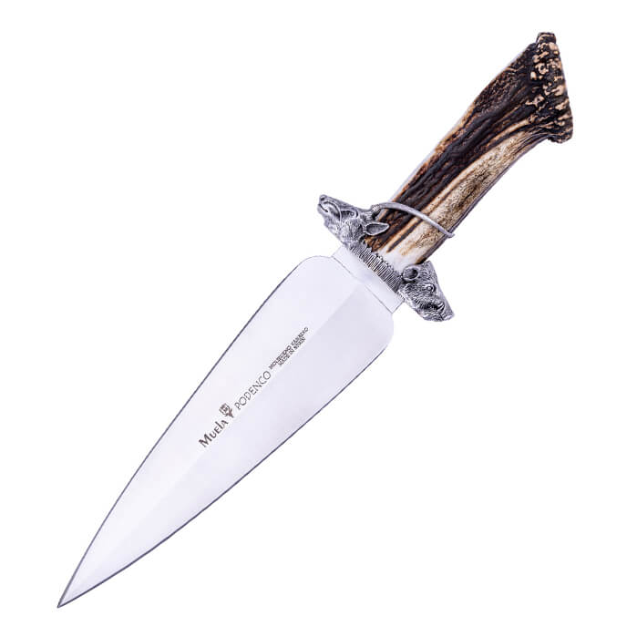 Cuchillo con puño de asta de ciervo con guarda y moneda de plata...
