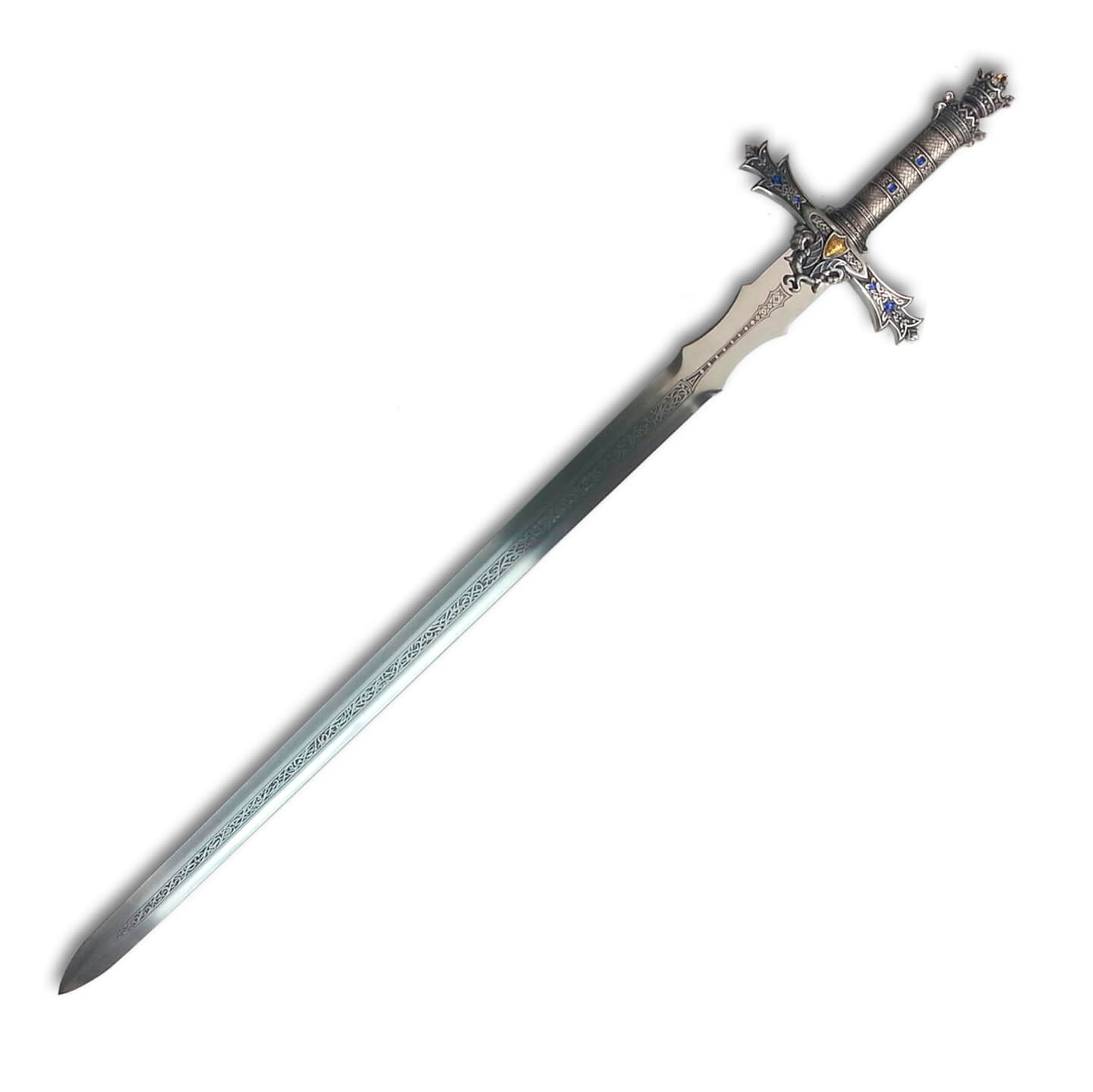 Espada del Rey Arturo con empuñadura bañada en plata y decorada...