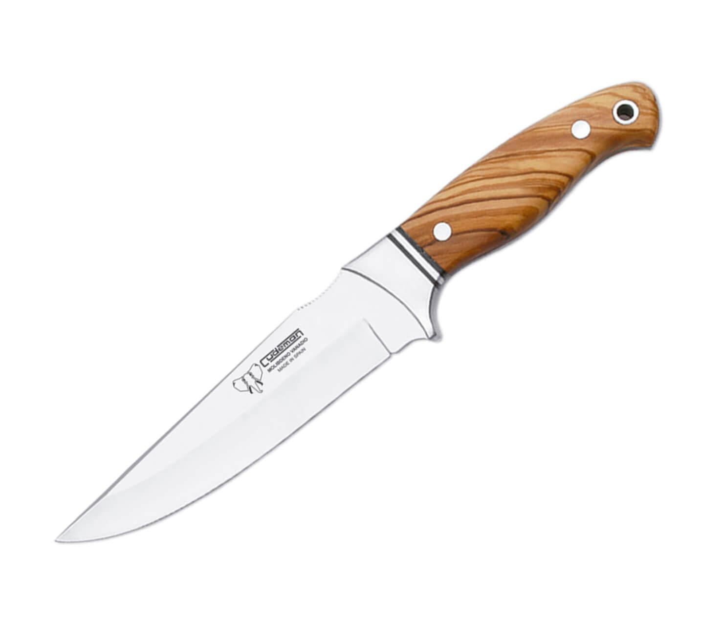 Cuchillo de caza con puño de madera de olivo, hoja de acero MoVa...