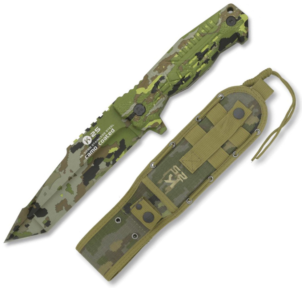Cuchillo Táctico K25 con recubrimiento camo, funda con apertura rápida y hoja de 14 cm