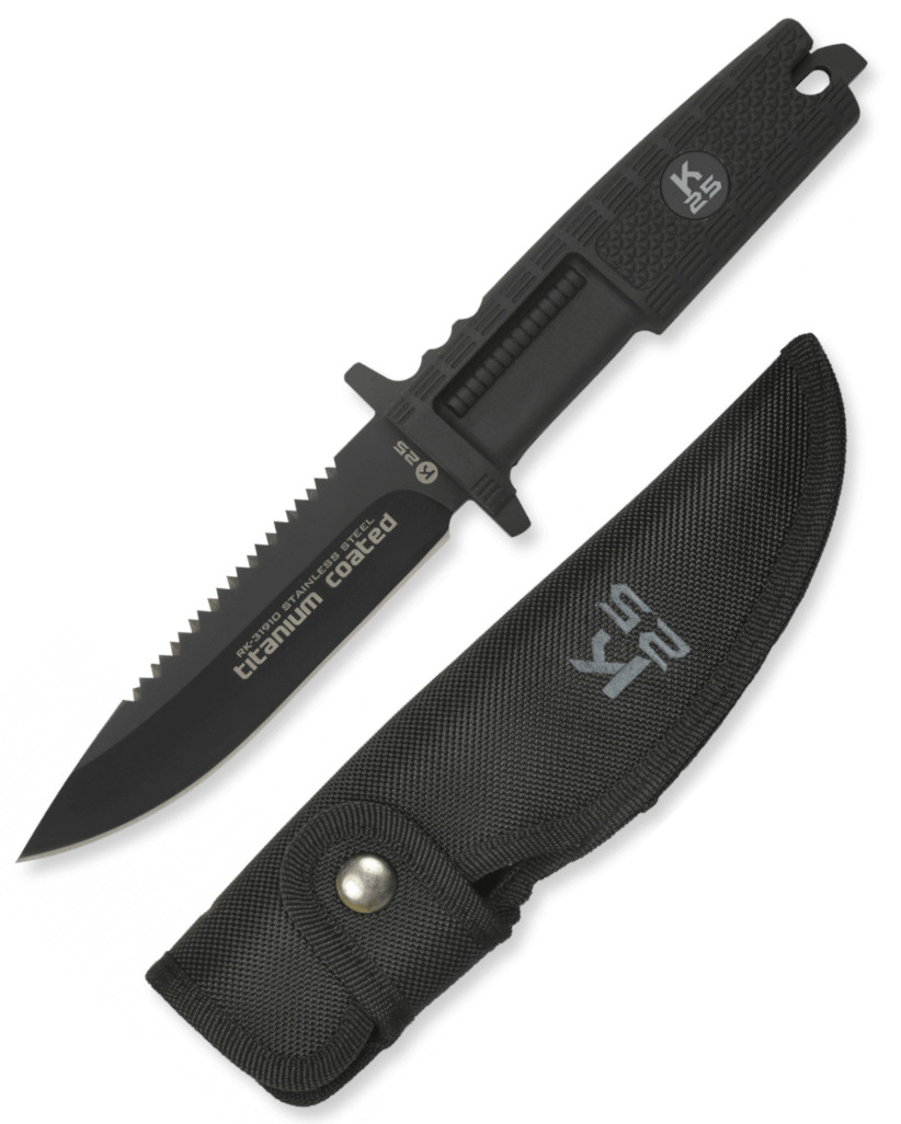 Cuchillo con puño de goma de K25 y hoja de titanio revestido de 12,5 cm