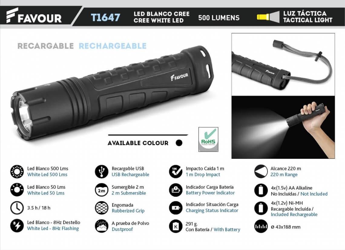 Luz táctica con Led blanco cree de 500 lumens y mango engomado