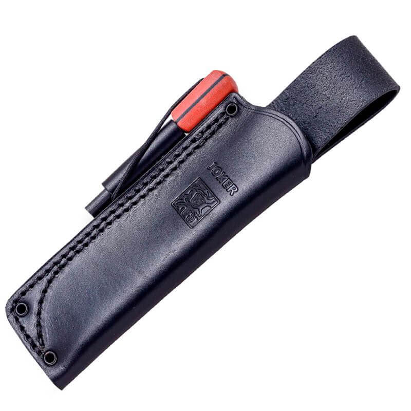 Joker BS9 Lynx con mango de micarta naranja y funda de cuero con ferrocerio