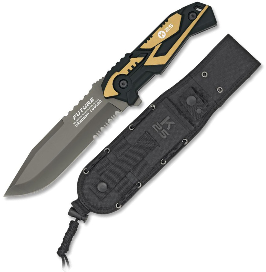 Cuchillo táctico K25 Future con mango de aluminio de color amarillo y hoja de 12,5 cm