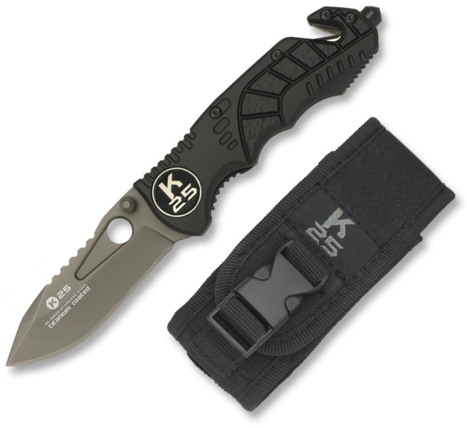 Navaja táctica K25 con cutter para cinturón y hoja recubierta de titanio de 6,7 cm