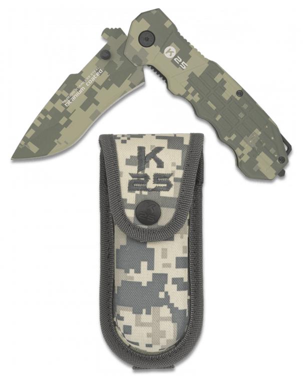 Navaja K25 con rompecristales de tungsteno, funda de nylon y hoja de 9,3 cm