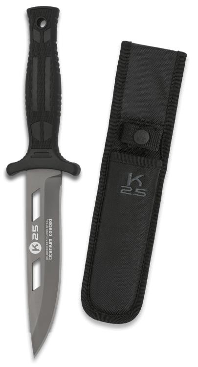 Cuchillo botero K25 de color negro con hoja recubierta de titanio de 12,8 cm de largo