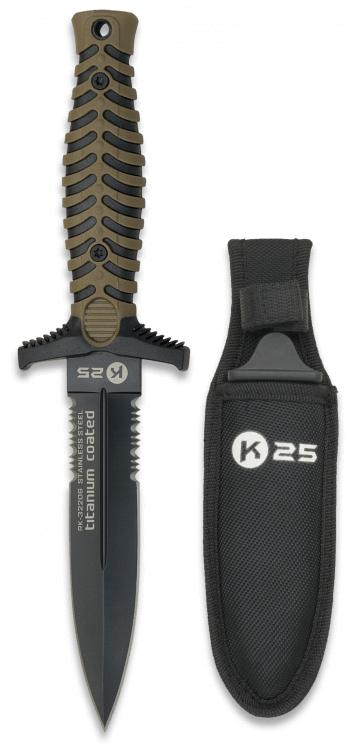 Cuchillo táctico K25 con mango de goma de color negro y coyote con funda y hoja de 12,5 cm