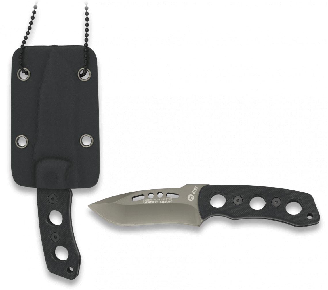 Cuchillo K25 con accesorio colgante, longitud total de 14 cm, hoja de 3 mm de grosor y 6,7 cm de largo