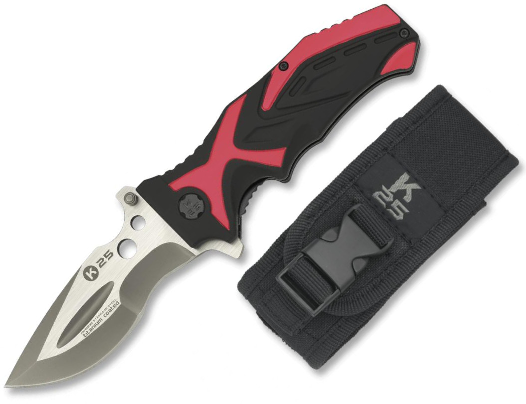 Navaja K25 con mango de aluminio negro y rojo y hoja revestida de titanio de 9,3 cm