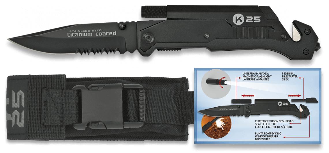 Navaja Táctica K25 negra con pedernal y linterna imantada, mango de aluminio y hoja de 9,5 cm