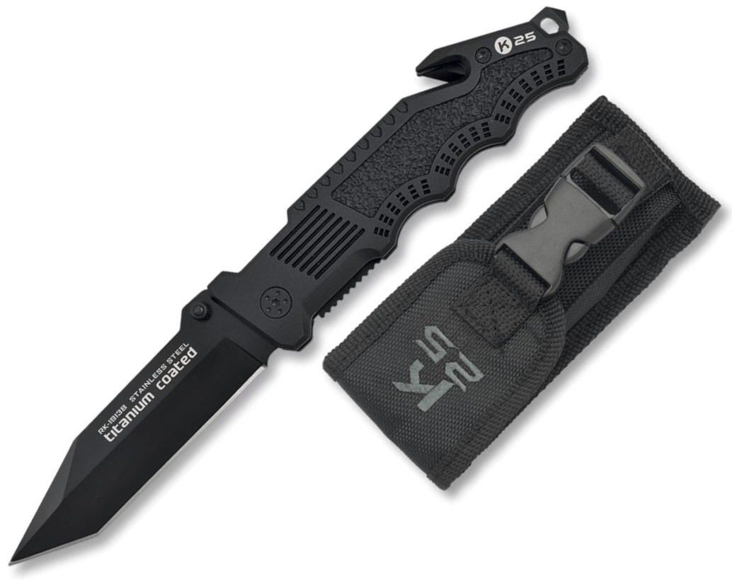 Navaja táctica K25 con funda de nylon, clip, corta cinturones y hoja de 8,5 cm