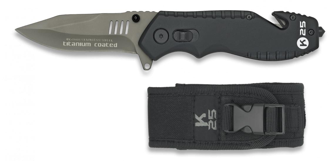 Navaja táctica K25 con rompe cinturones, funda de nylon y hoja de 8 cm