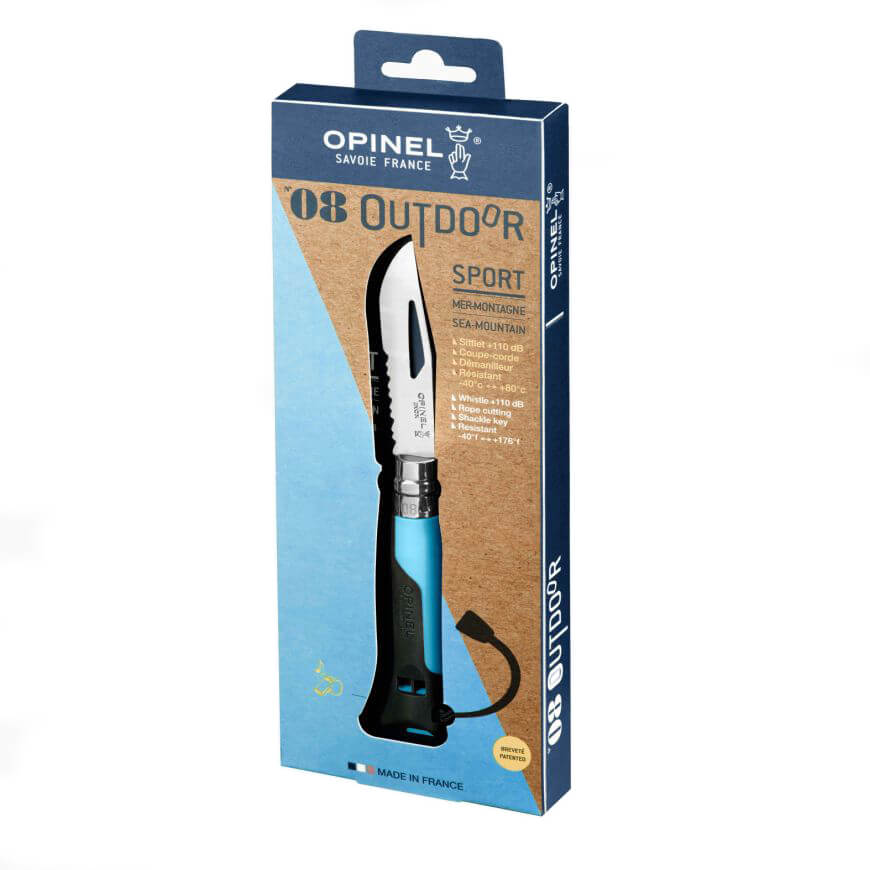 Navaja Opinel Outdoor Nº 8 con hoja dentada y mango de polímero azul y negro