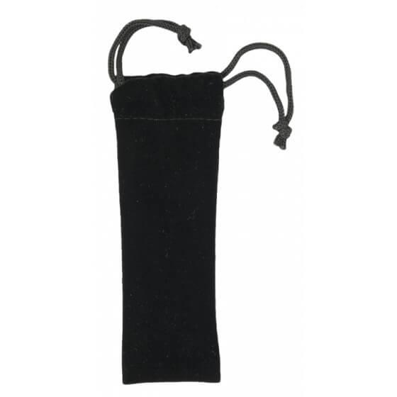 Funda negra de terciopelo con cordon y dimensiones de 13 x 4,5 cm