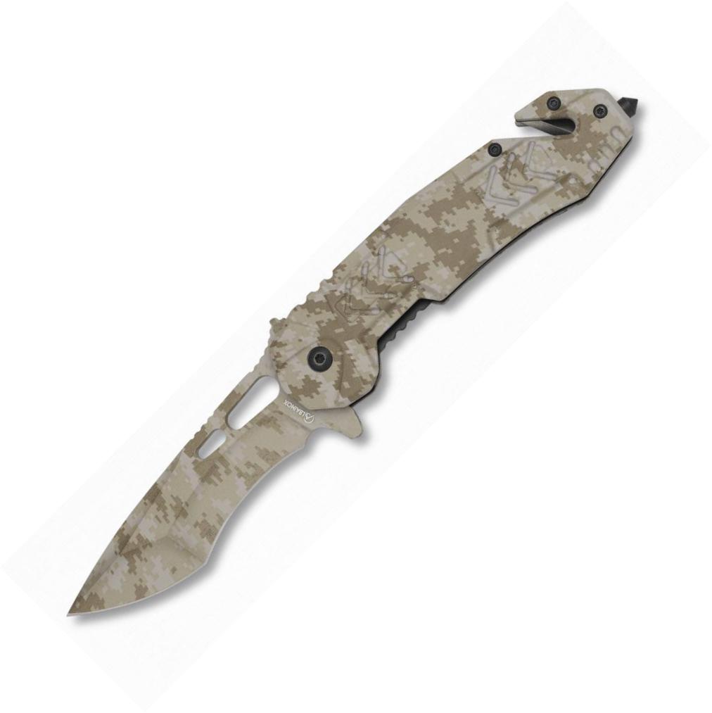 Navaja de seguridad Albainox en camuflaje árido con clip y hoja de acero inoxidable de 8,8 cm