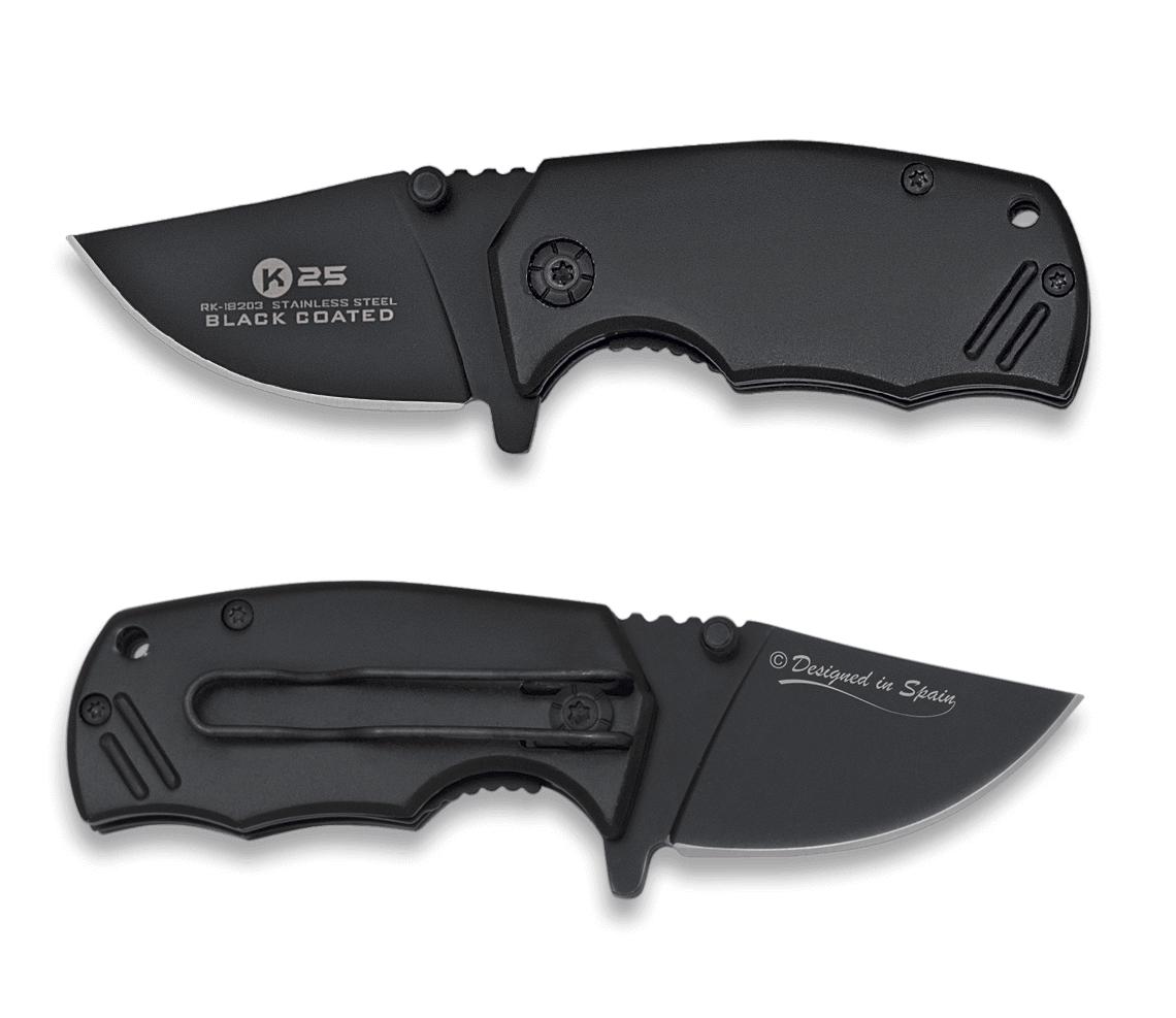 Navaja táctica K25 MINI I con clip y hoja recubierta de negro de 5,3 cm de largo