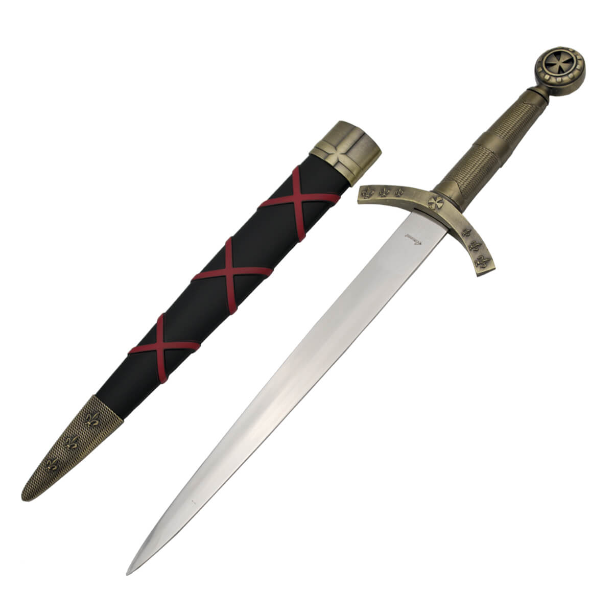 Daga medieval templaria con pomo de color bronce y vaina negra con cruces rojas