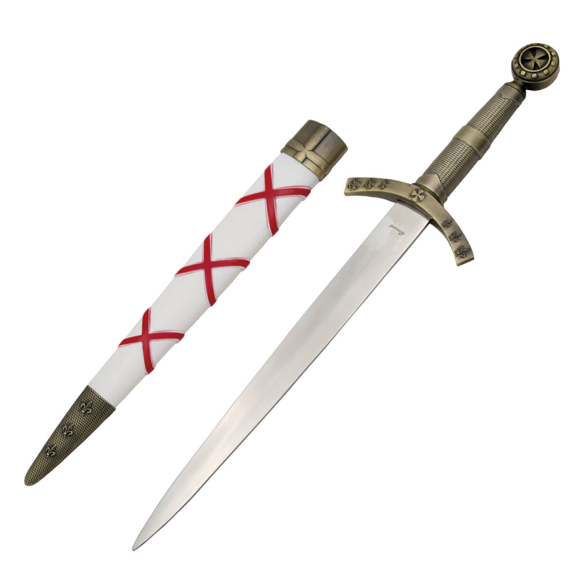 Daga medieval templaria con pomo de color bronce y vaina blanca con cruces rojas