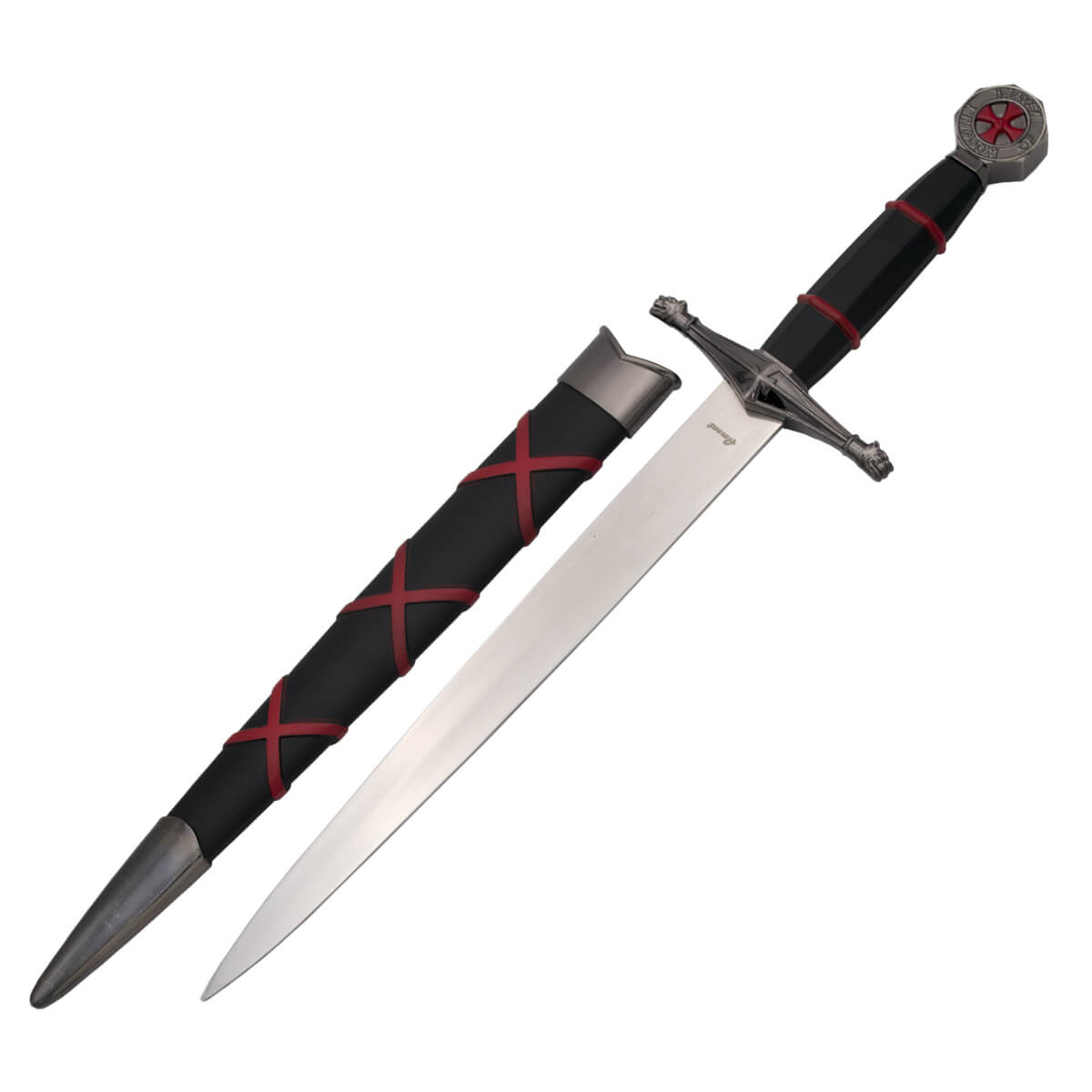 Daga medieval templaria con la leyenda Heaven of Kingdom con pomo de color níquel y vaina negra con cruces rojas