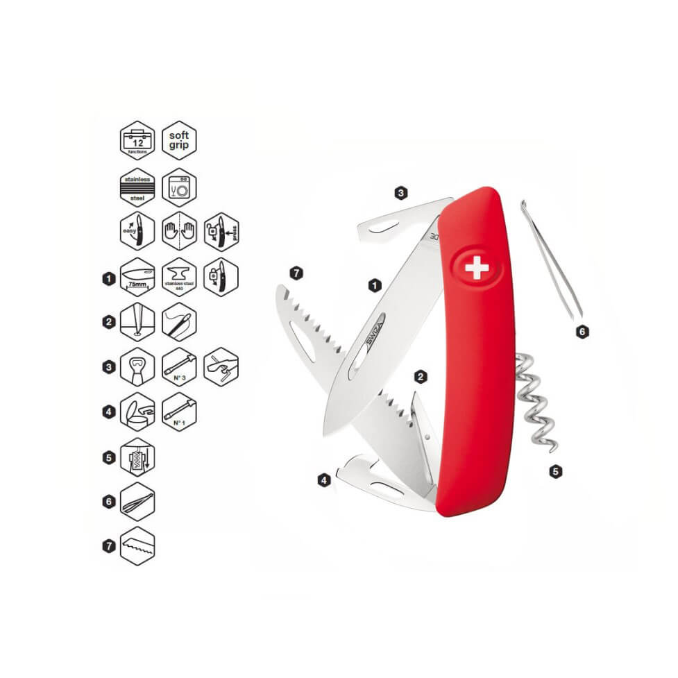 Navaja multiusos Swiza D05 roja con 12 funciones KNI.0050.1000