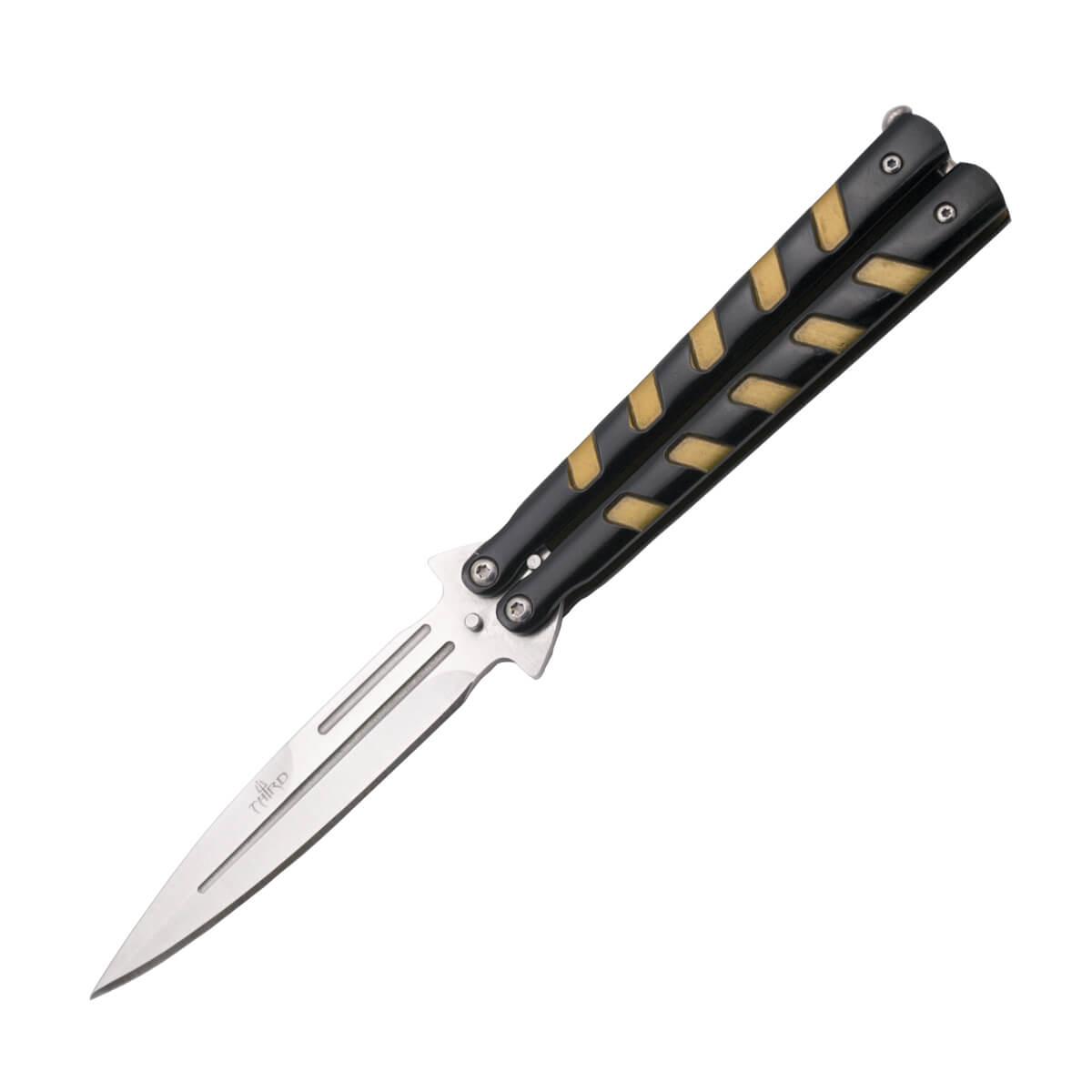 Black butterfly knife with gold details and 12 cm satin blade 161...