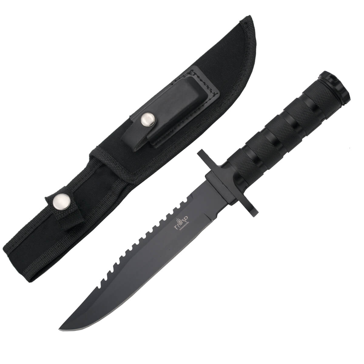 Cuchillo táctico negro con accesorios de supervivencia