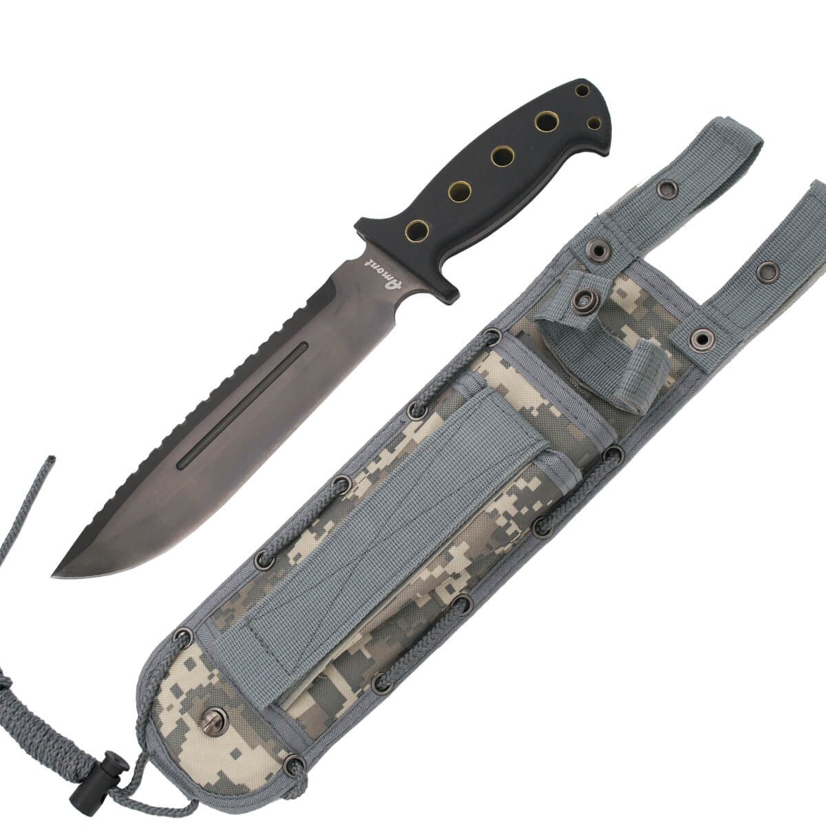 Cuchillo táctico con hoja negra de acero 440 de 22 cm y mango de G10 con funda de camuflaje