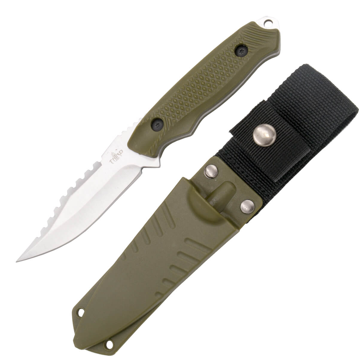 Cuchillo táctico con mango de ABS verde y hoja de acero 420 de 9.3 cm H0061