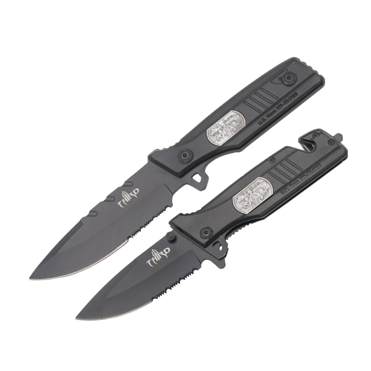 Pack cuchillo y navaja tácticos con hoja negra mitad serrada Thi...