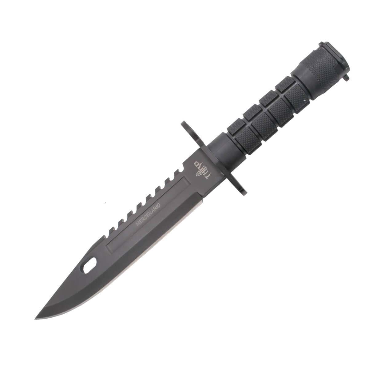 Cuchillo táctico con hoja negra de 19.5 cm y mango de ABS negro