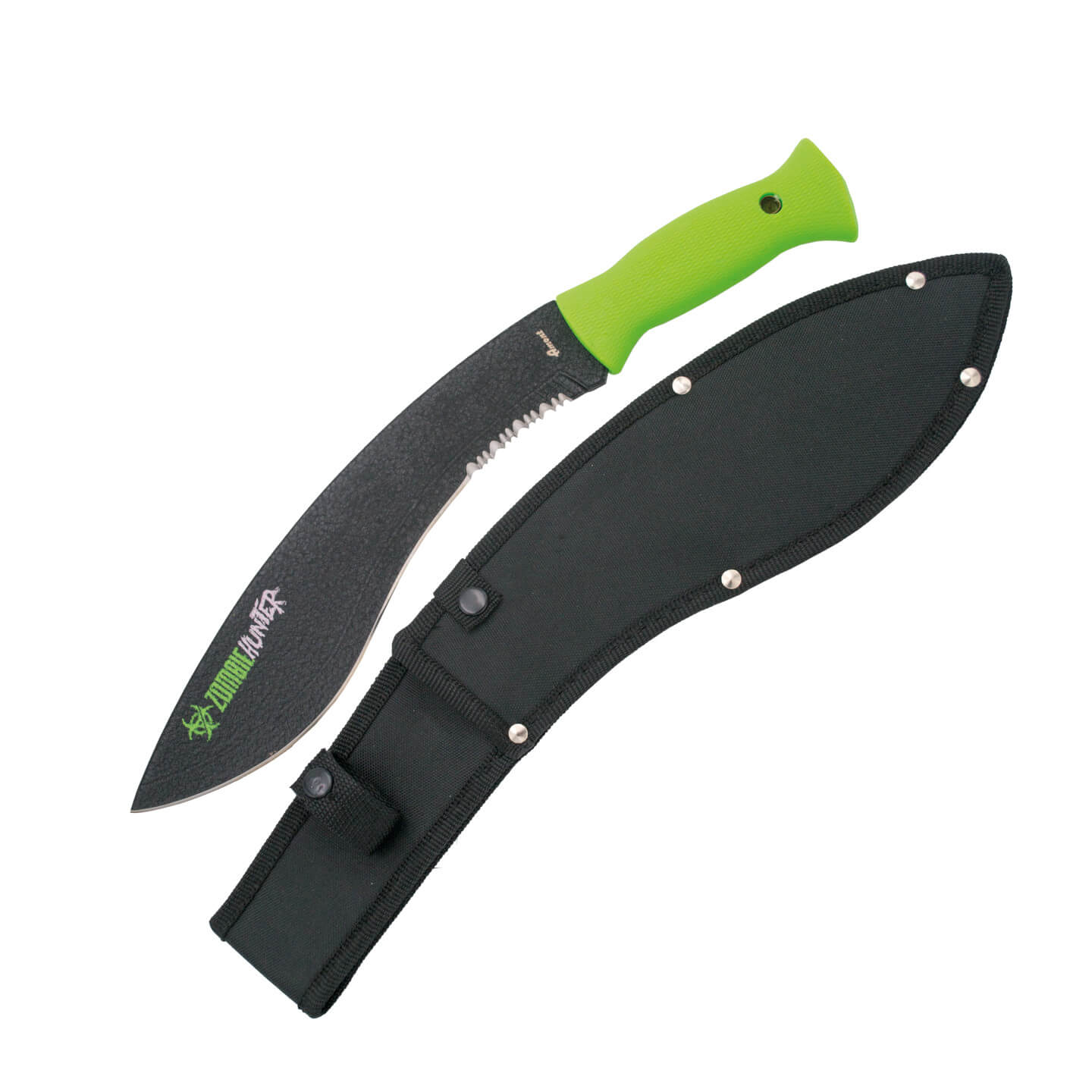 Machette Zombie avec manche ABS vert et lame demi-dentelée noire S2014