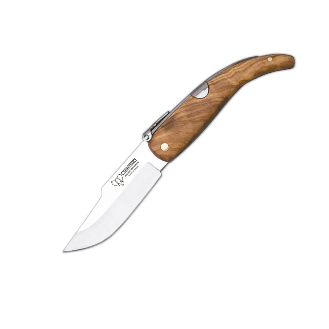 Couteau de poche d'Albacete Cudeman. Manche en olive satinée. Acier Mova. Gaine skay.