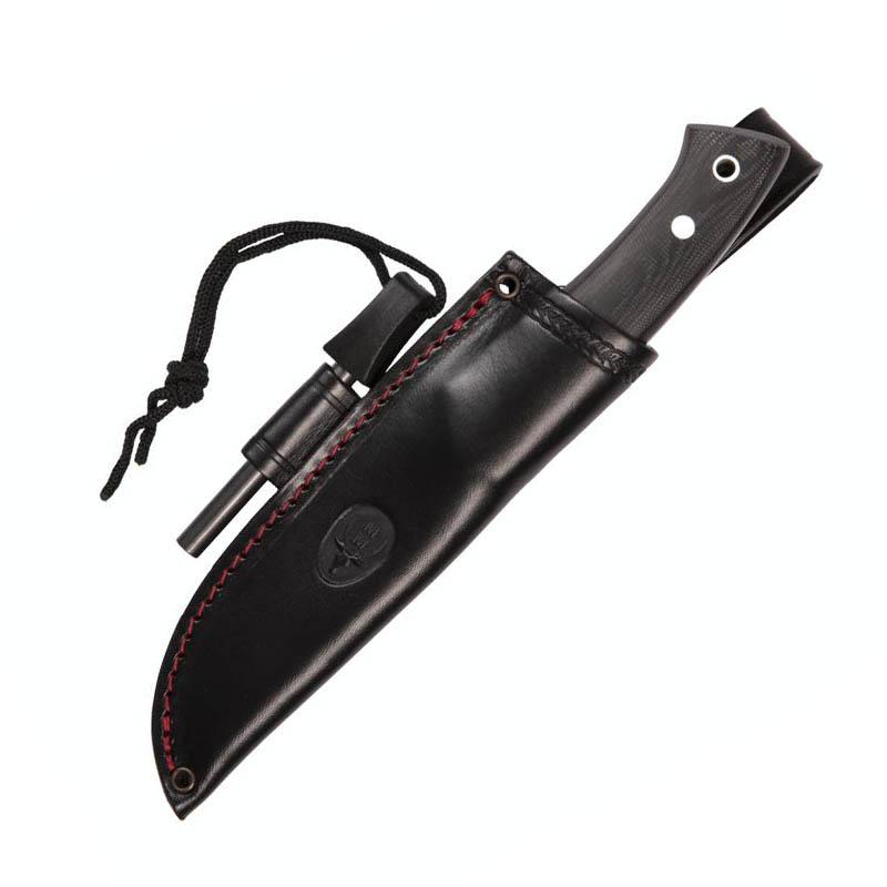 Muela Viking-Jagdmesser mit schwarzem Micarta-Griff und Lederscheide mit Ferrocerium