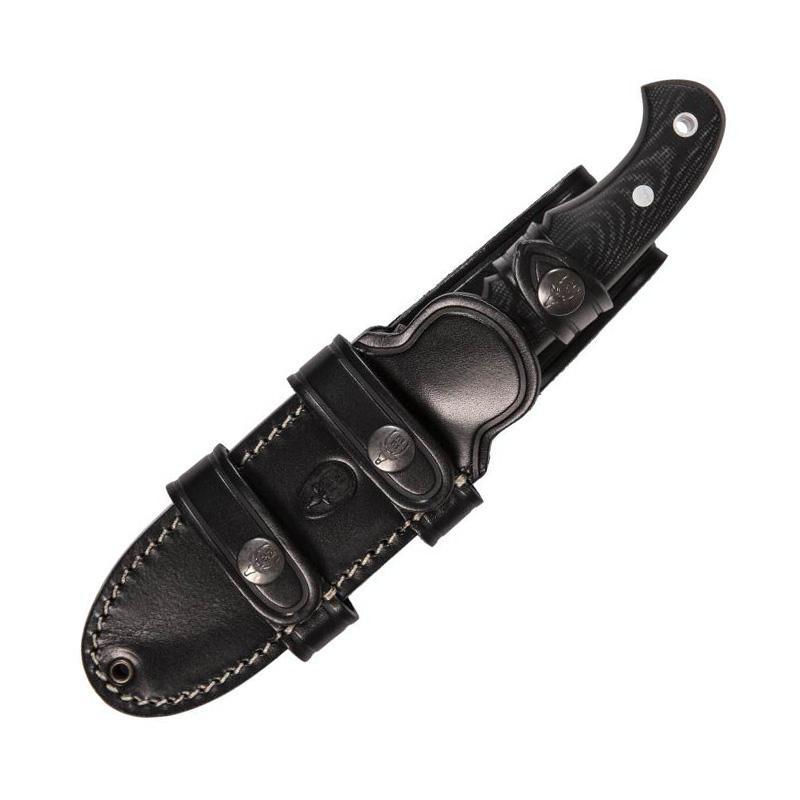 Coltello da caccia Muela Viking con manico in micarta nera e fodero in pelle multiposizione