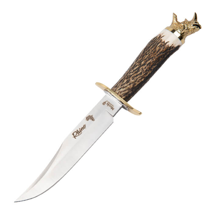 Faca com cabo em chifre de veado, guarda em latão e aço inoxidáve...