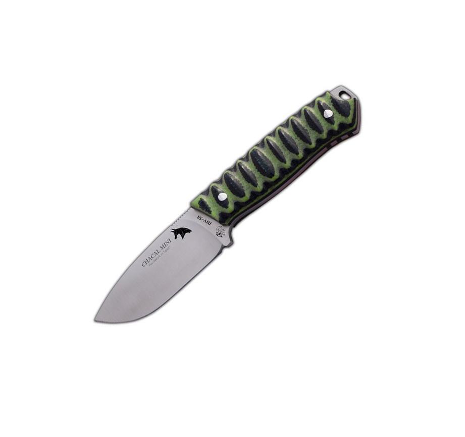 JV Chacal Mini neck knife with green and black micarta scales