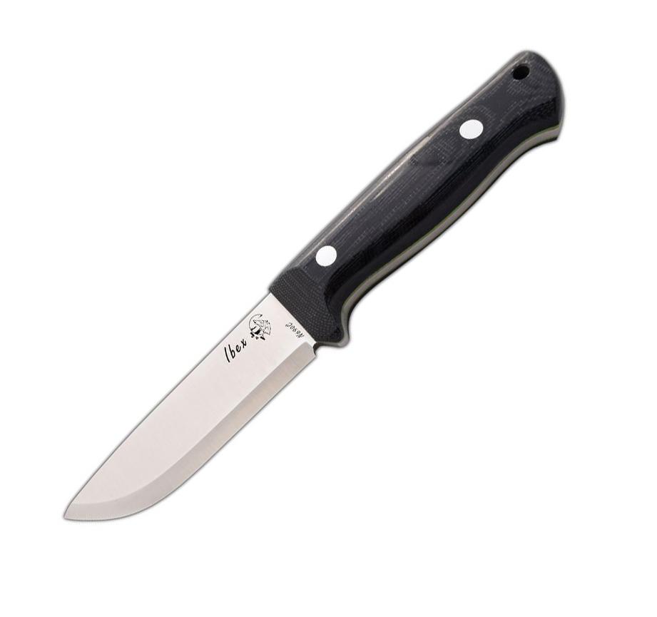 JV Ibex hunting knife with black TRF handle and leather sheath