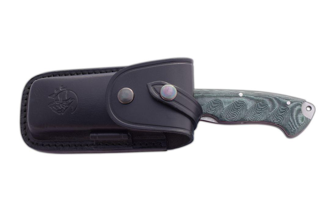 Couteau de poche JV Cartago avec manche en micarta vert et étui en cuir