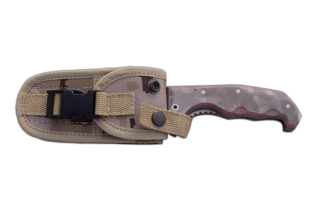 JV Raptor Bushcraft-Taschenmesser mit Tracker-Klinge und Camo-Micarta-Griff Multipositions-Cordura-Scheide